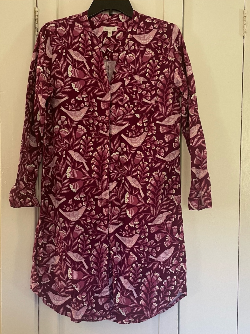 Garnet Hill Plum and Pink Floral Bird organic cotton flannel sleep shirt xs